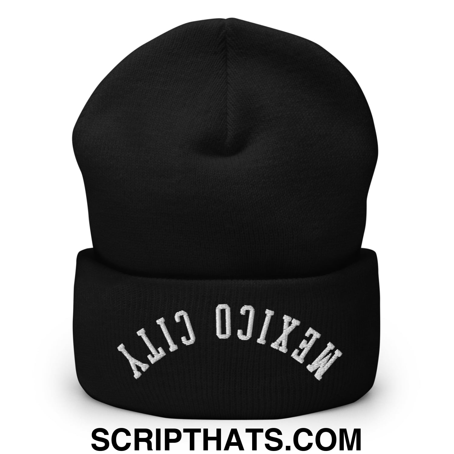 Upside Down Mexico City Embroidered Cuffed Knit Beanie Black