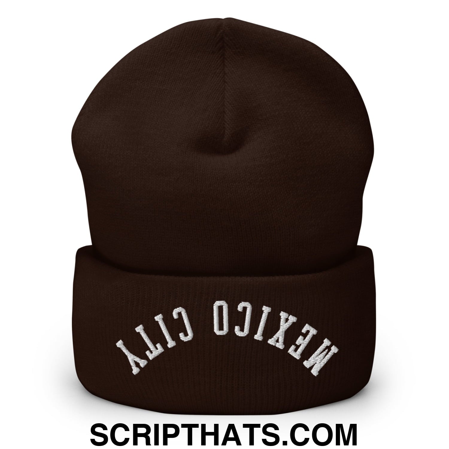 Upside Down Mexico City Embroidered Cuffed Knit Beanie Brown