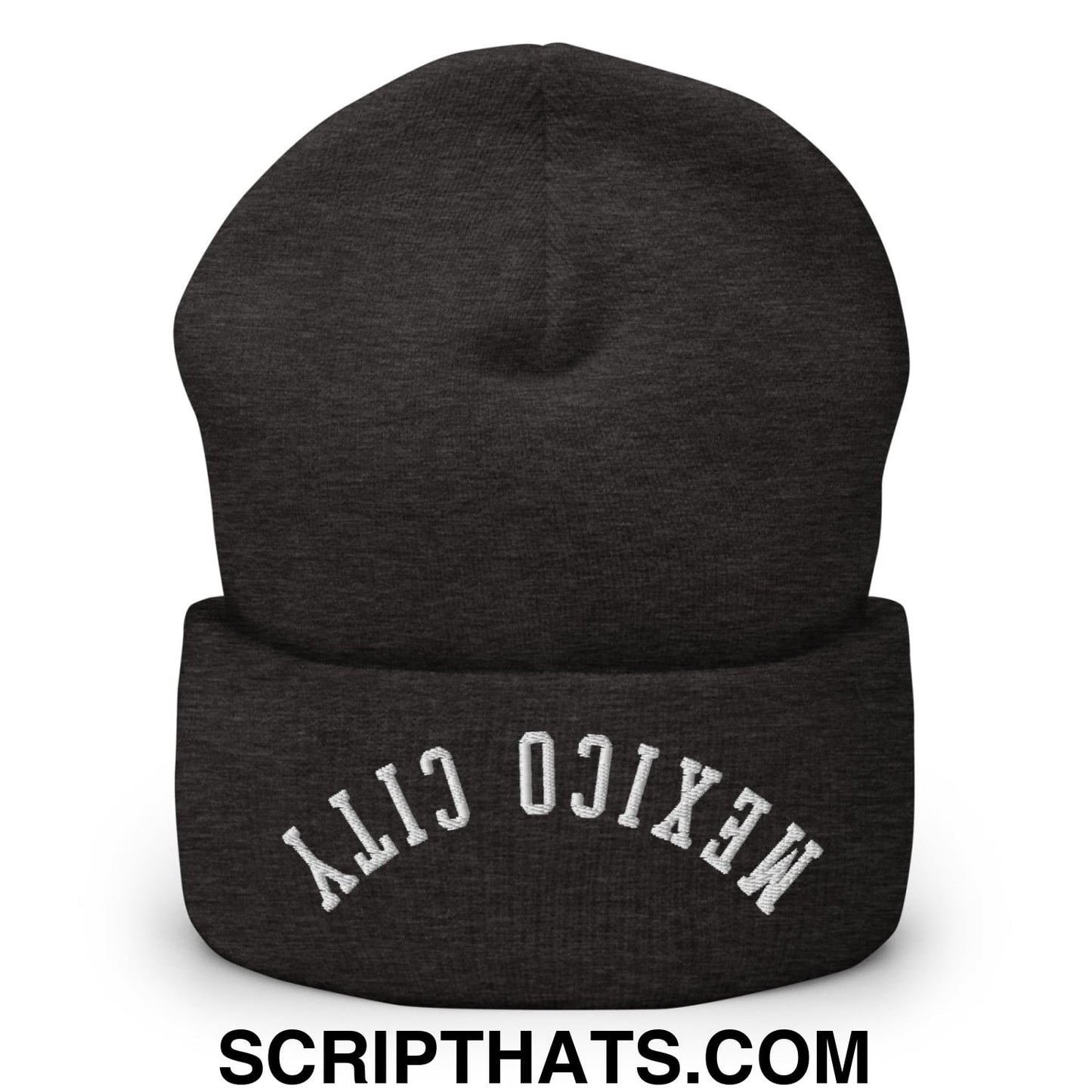 Upside Down Mexico City Embroidered Cuffed Knit Beanie Dark Grey