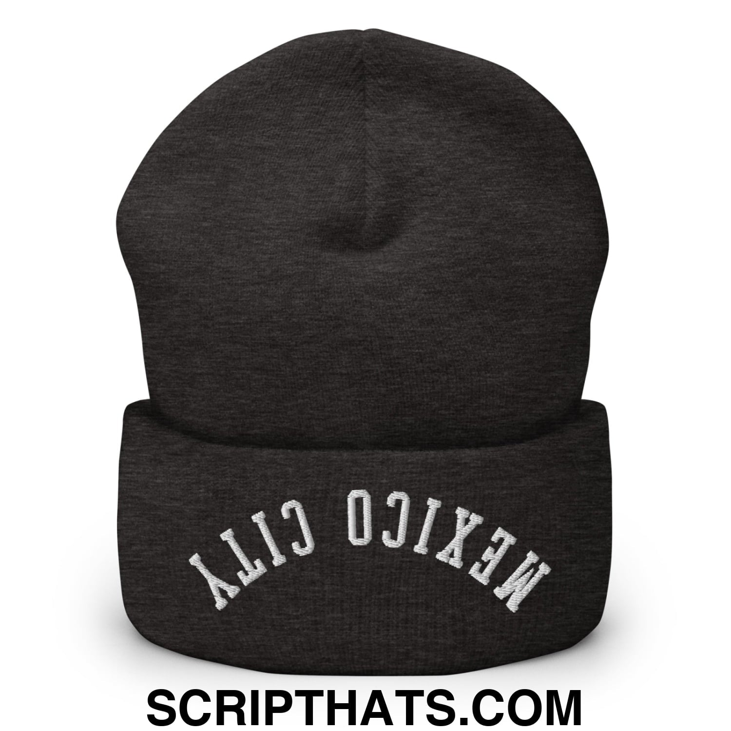 Upside Down Mexico City Embroidered Cuffed Knit Beanie Dark Grey