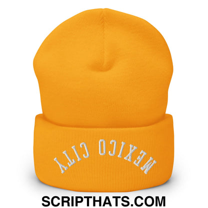 Upside Down Mexico City Embroidered Cuffed Knit Beanie Gold