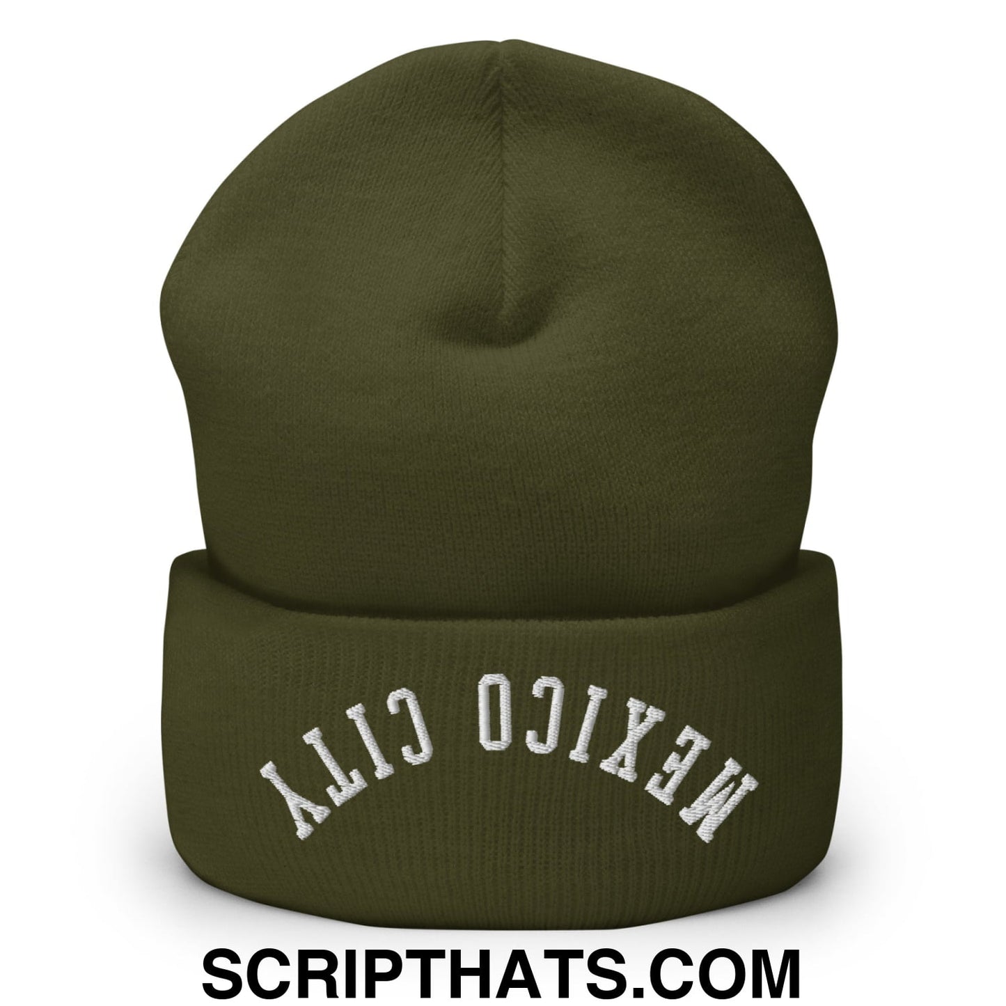 Upside Down Mexico City Embroidered Cuffed Knit Beanie Olive