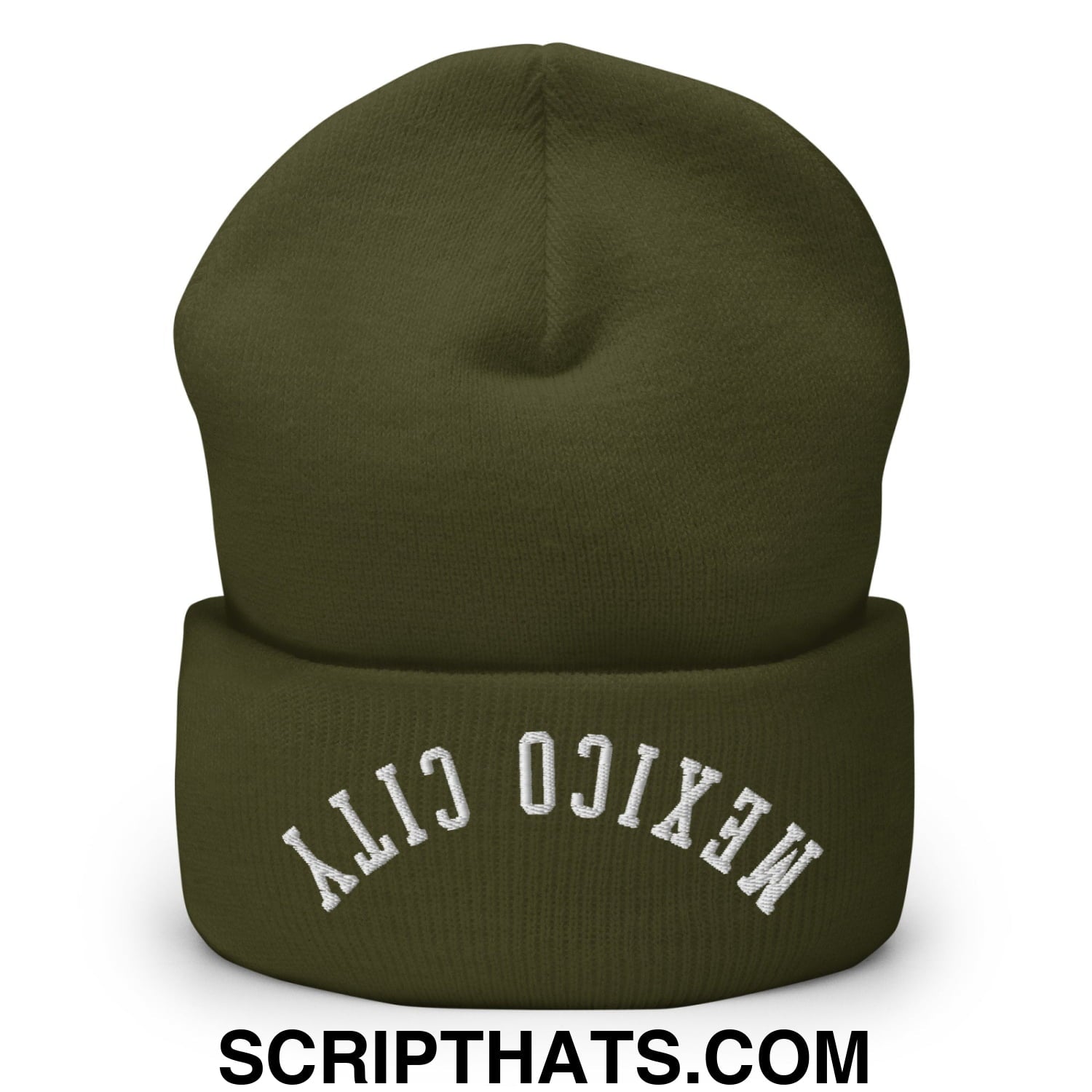 Upside Down Mexico City Embroidered Cuffed Knit Beanie Olive