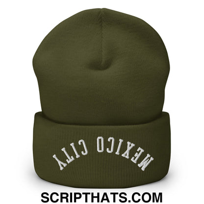 Upside Down Mexico City Embroidered Cuffed Knit Beanie Olive
