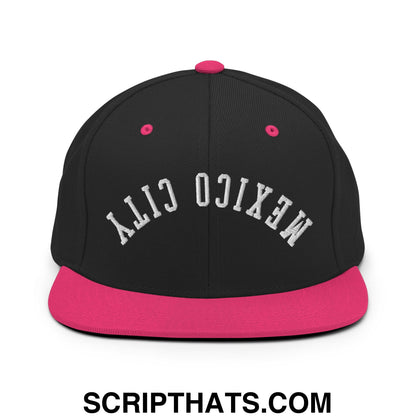 Upside Down Mexico City Embroidered Flat Bill Brim Snapback Hat Black Neon Pink