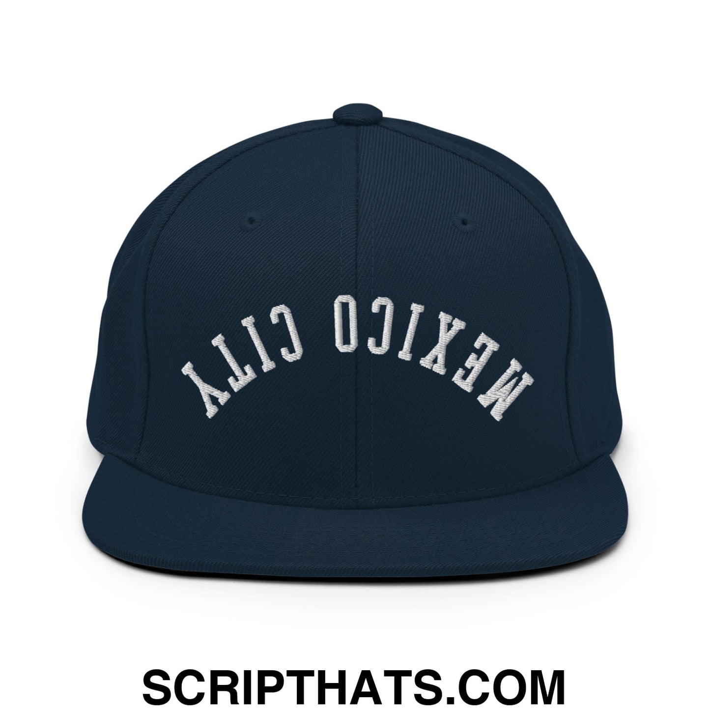 Upside Down Mexico City Embroidered Flat Bill Brim Snapback Hat Dark Navy