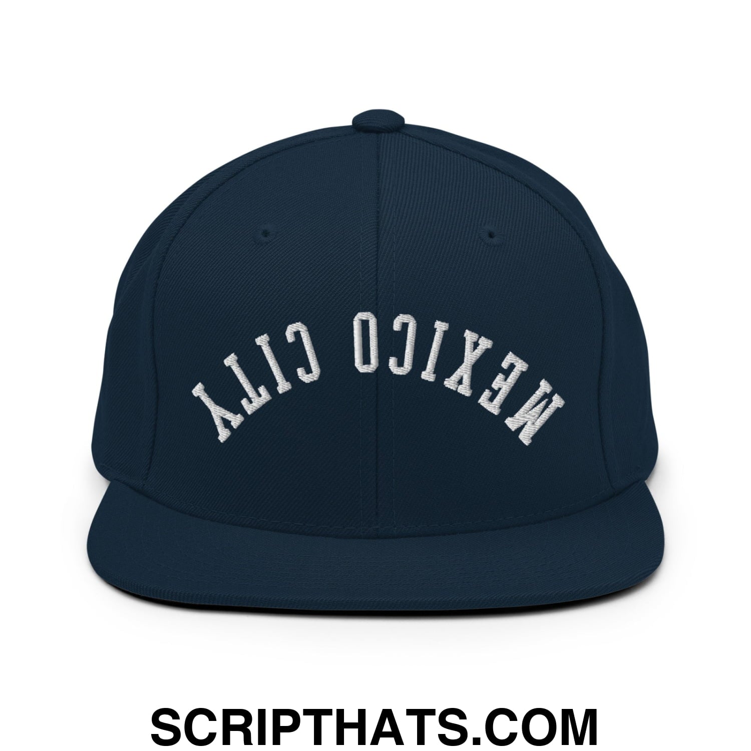 Upside Down Mexico City Embroidered Flat Bill Brim Snapback Hat Dark Navy