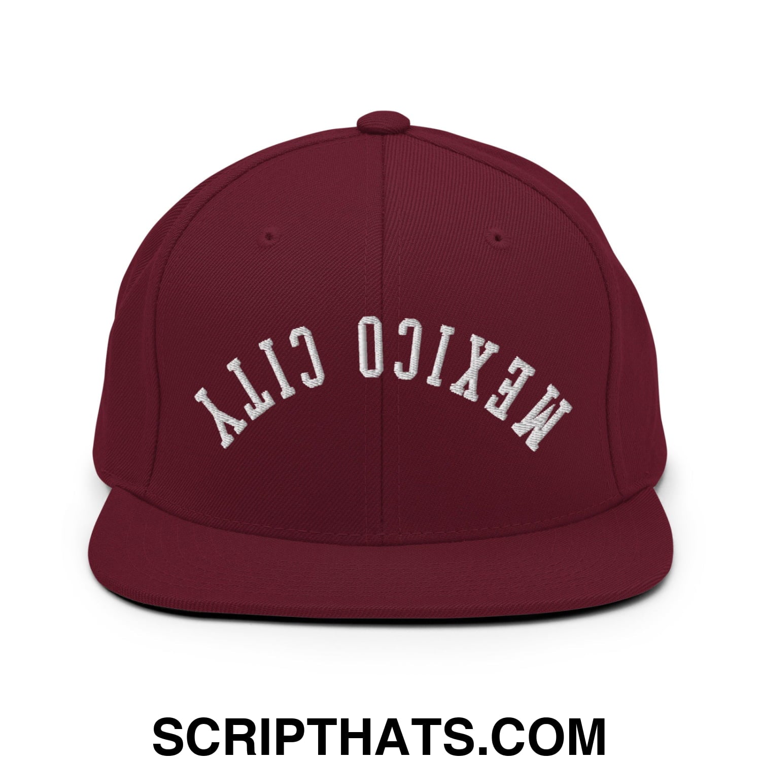 Upside Down Mexico City Embroidered Flat Bill Brim Snapback Hat Maroon