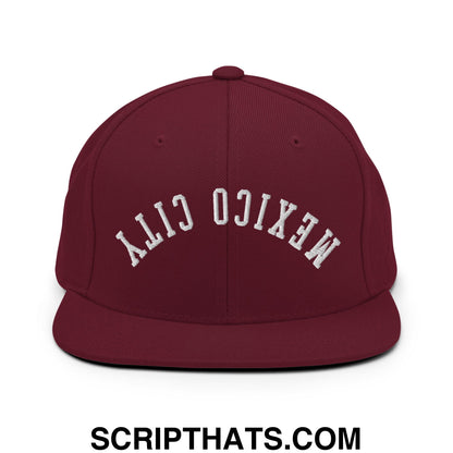 Upside Down Mexico City Embroidered Flat Bill Brim Snapback Hat Maroon