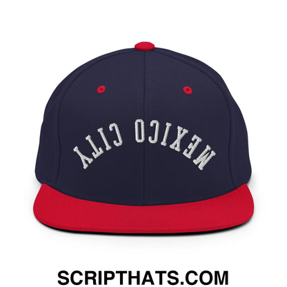 Upside Down Mexico City Embroidered Flat Bill Brim Snapback Hat Navy Red