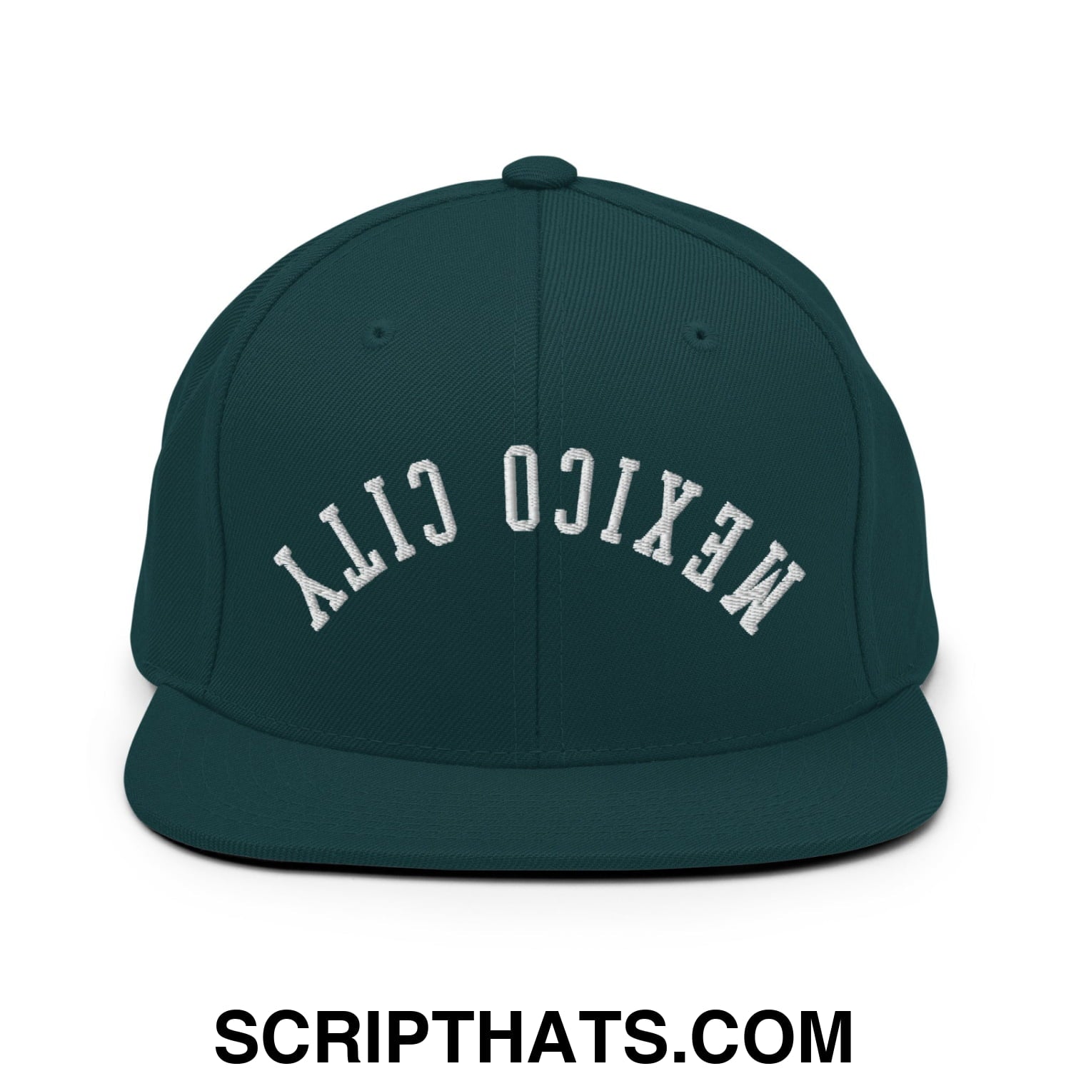 Upside Down Mexico City Embroidered Flat Bill Brim Snapback Hat Spruce
