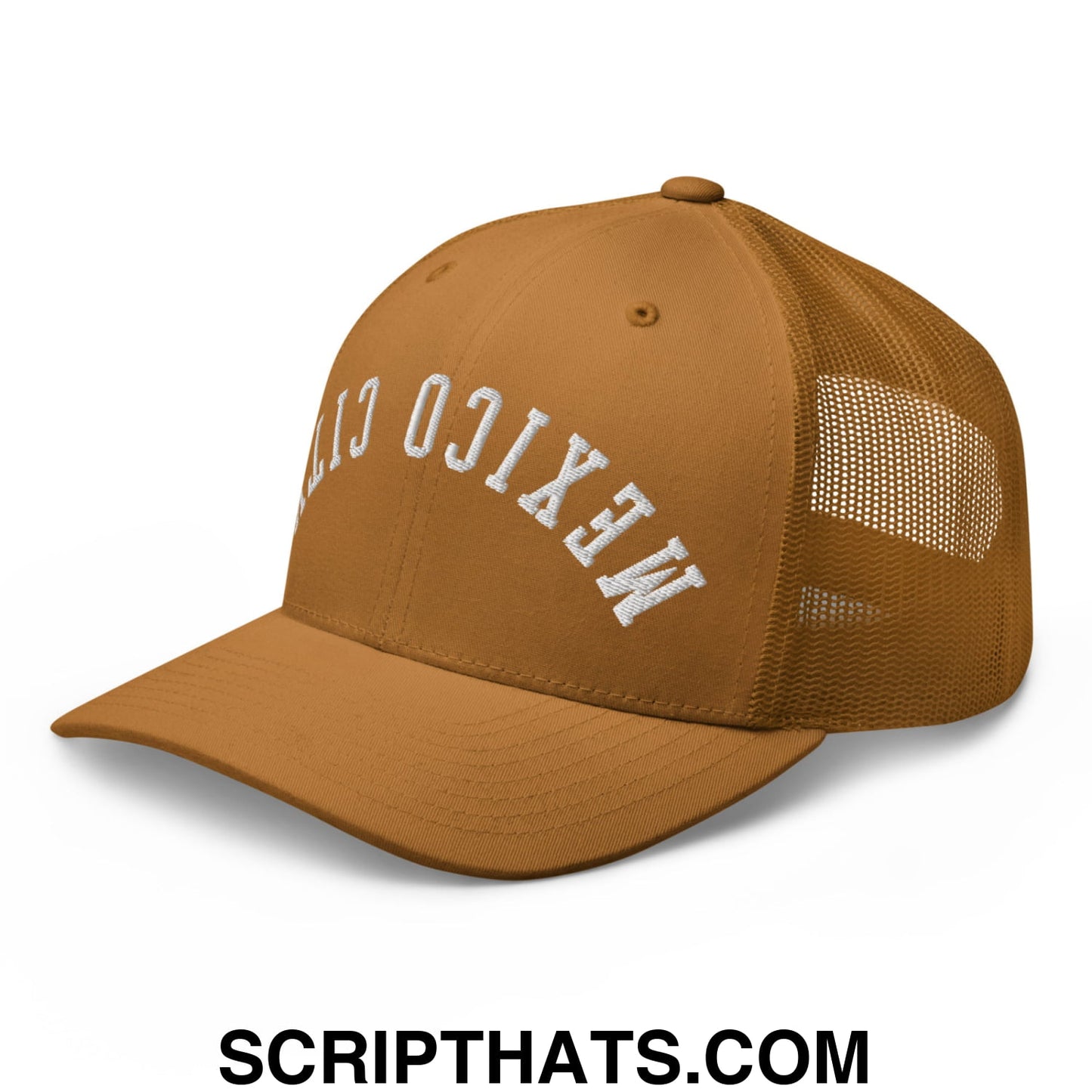 Upside Down Mexico City Embroidered Mesh Trucker Hat Caramel