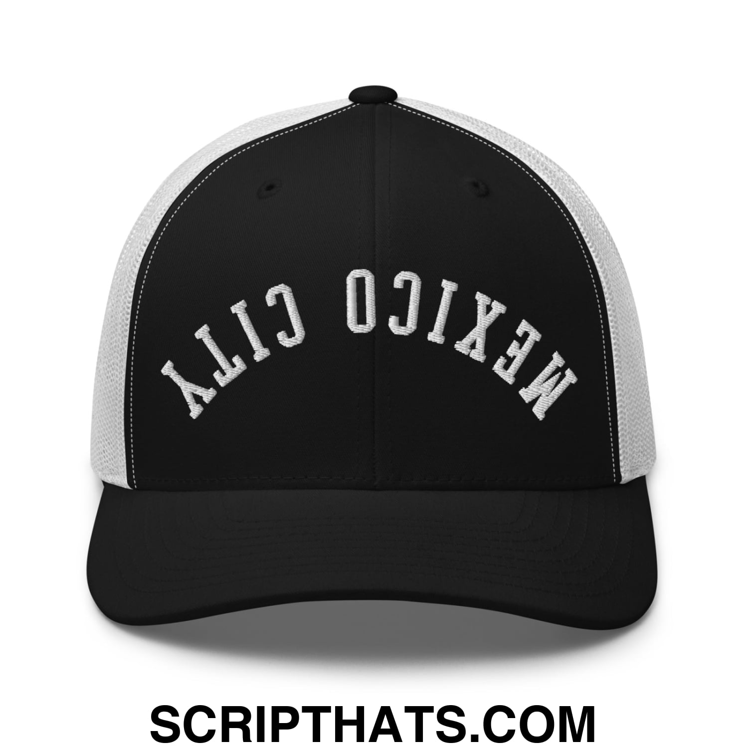Upside Down Mexico City Embroidered Mesh Trucker Hat Black White