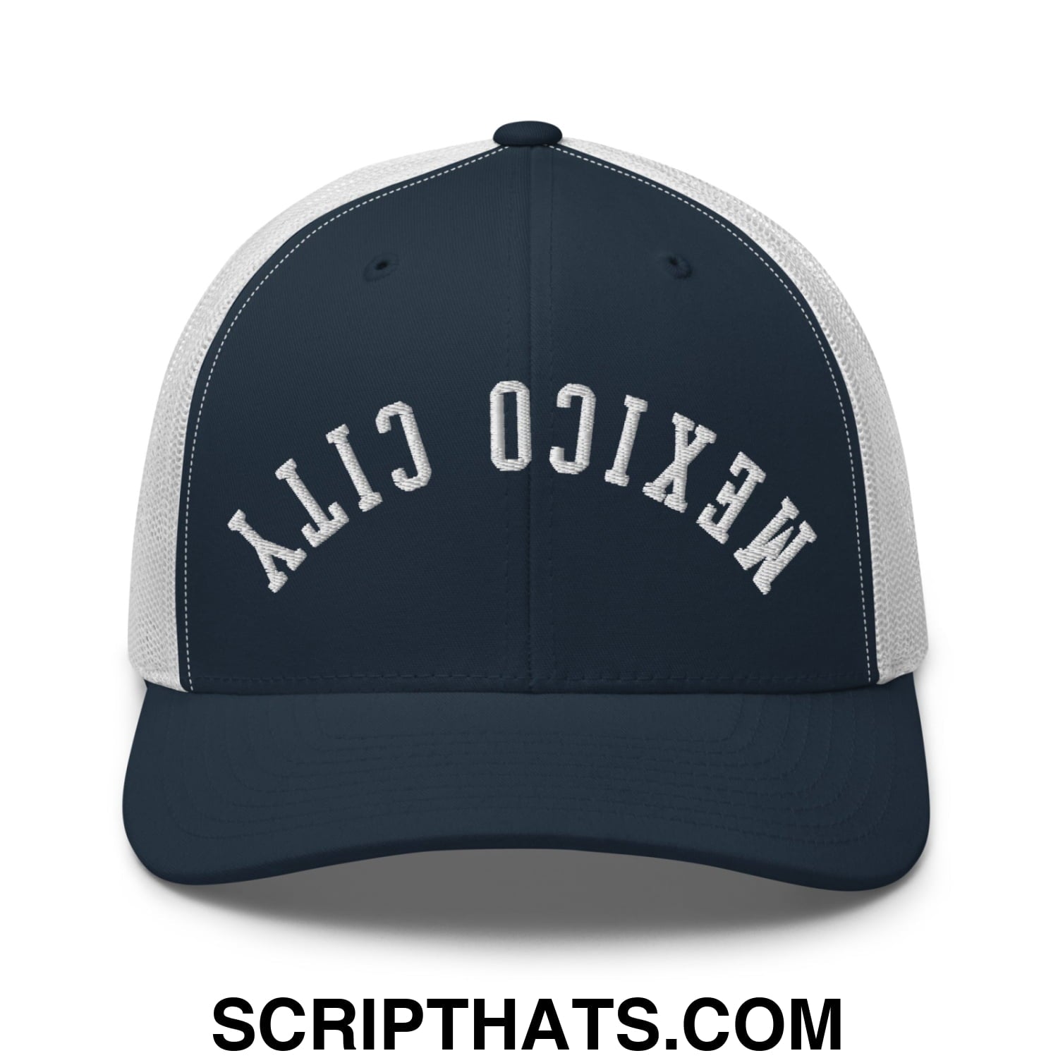 Upside Down Mexico City Embroidered Mesh Trucker Hat Navy White