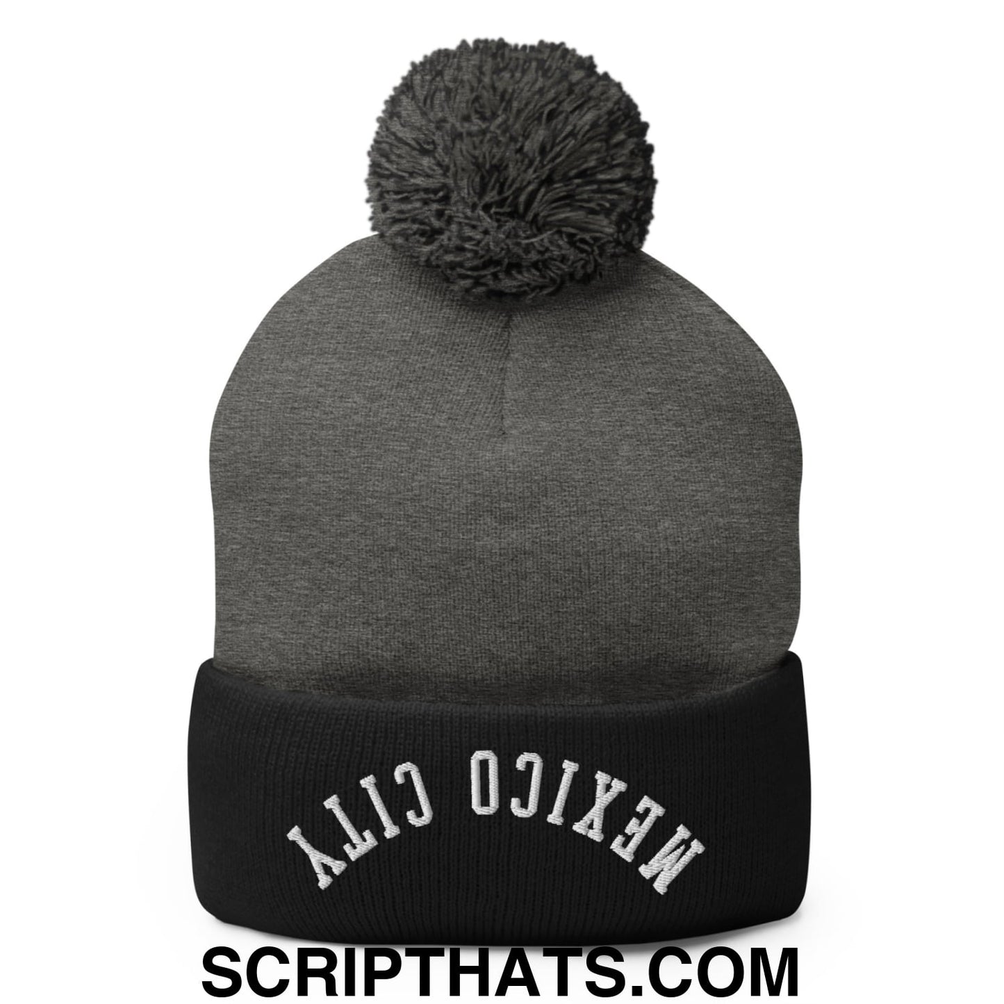 Upside Down Mexico City Embroidered Pom Pom Knit Beanie Dark Heather Grey Black