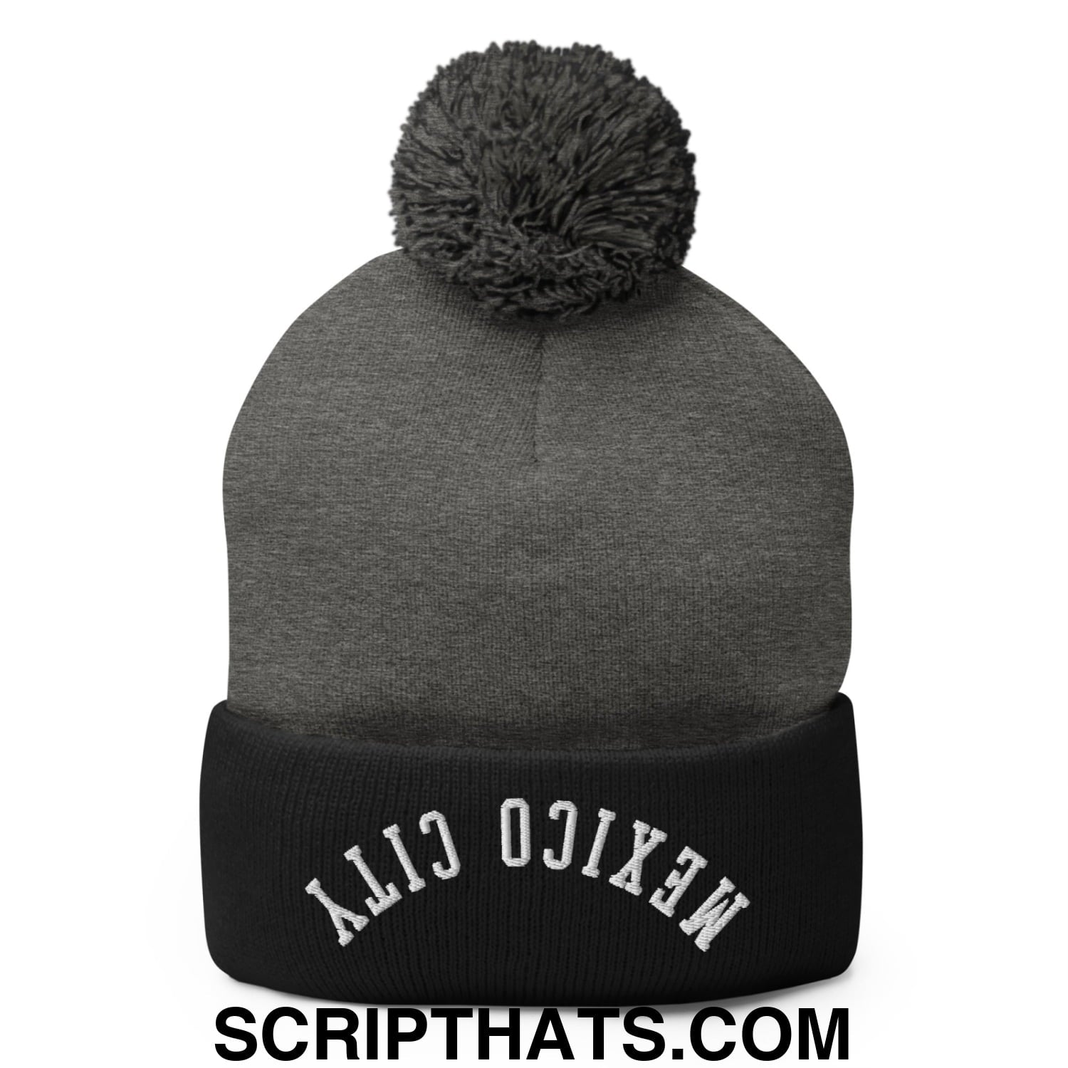 Upside Down Mexico City Embroidered Pom Pom Knit Beanie Dark Heather Grey Black