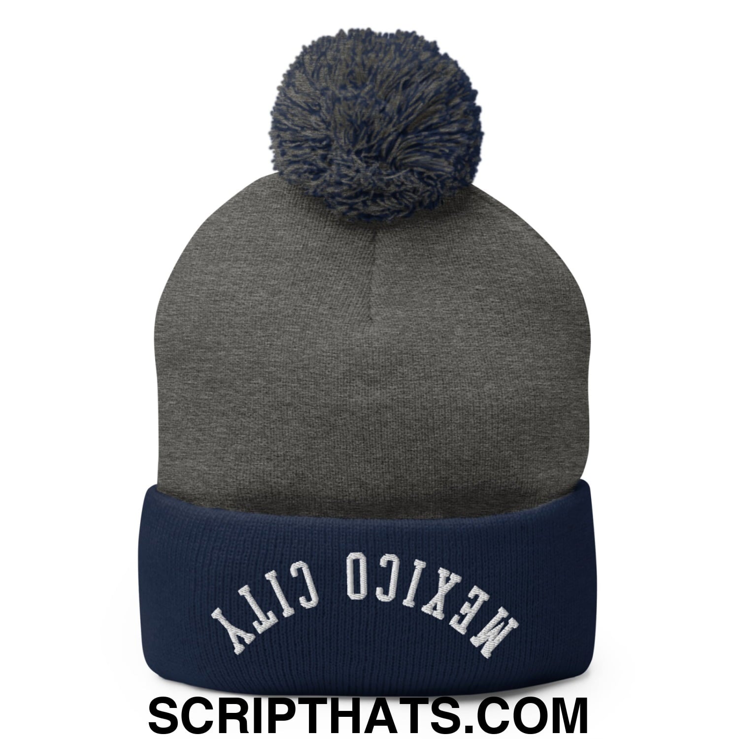 Upside Down Mexico City Embroidered Pom Pom Knit Beanie Dark Heather Grey Navy