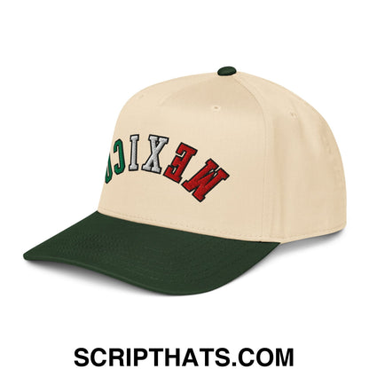 Beige and dark green baseball snapback hat with mexico embroidered in red white and green lettering