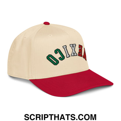 Beige and red baseball snapback hat with upside down mexico embroidered in green white and red lettering