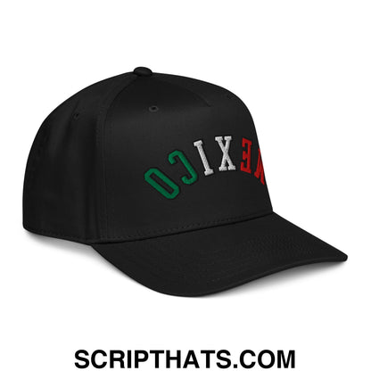 Black snapback baseball hat with mexico embroidered in green white and red arched lettering on front panel