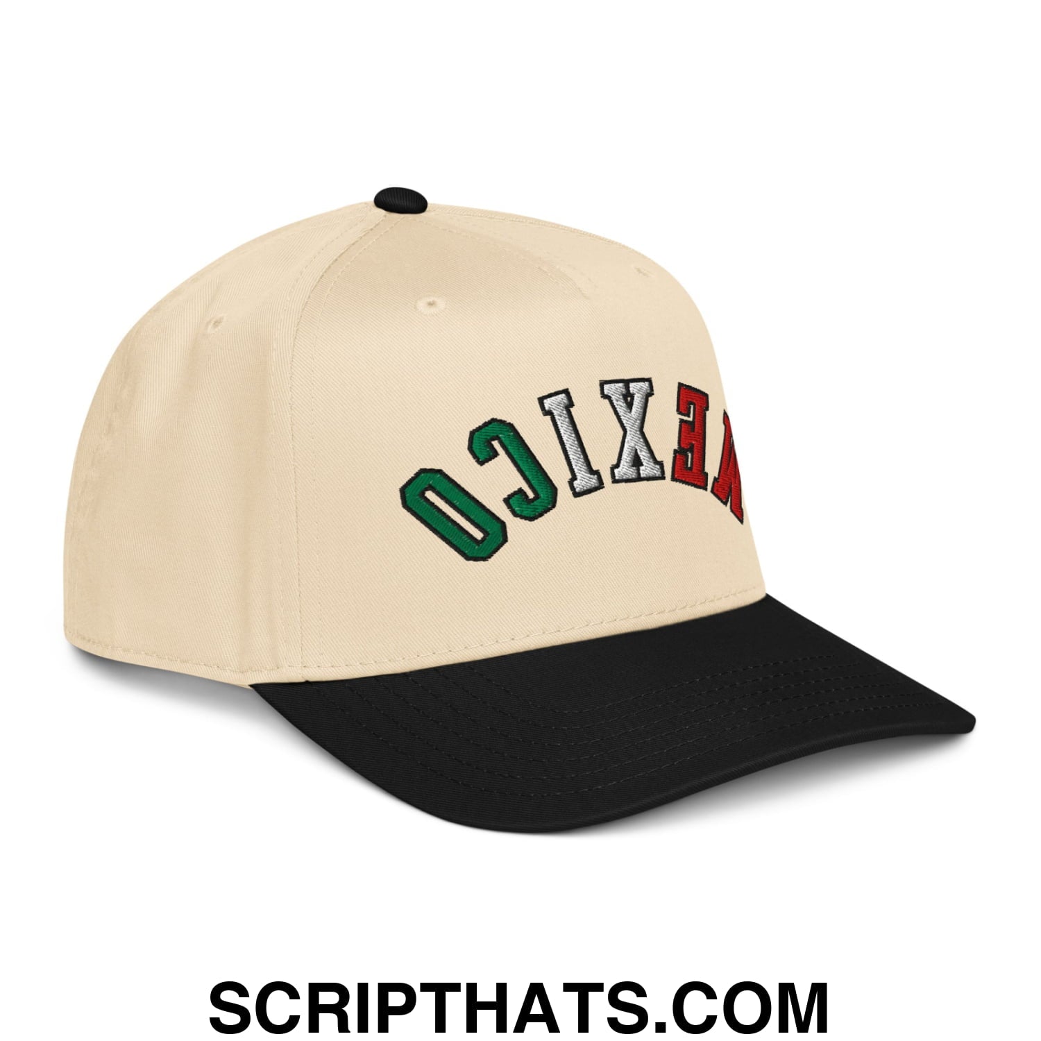 Beige and black baseball snapback hat with upside down mexico embroidered in green white and red lettering