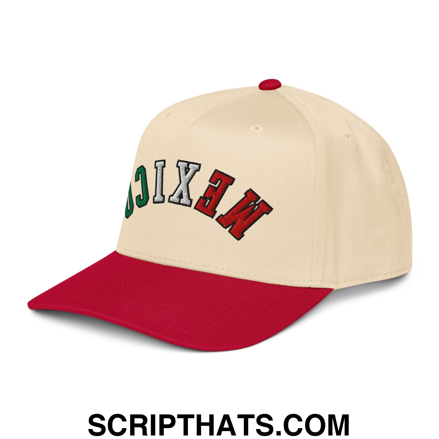 Beige and red baseball snapback hat with mexico embroidered in green white and red on the front panel