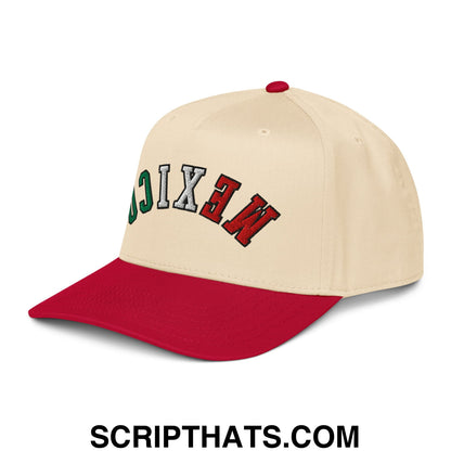 Beige and red baseball snapback hat with mexico embroidered in green white and red on the front panel
