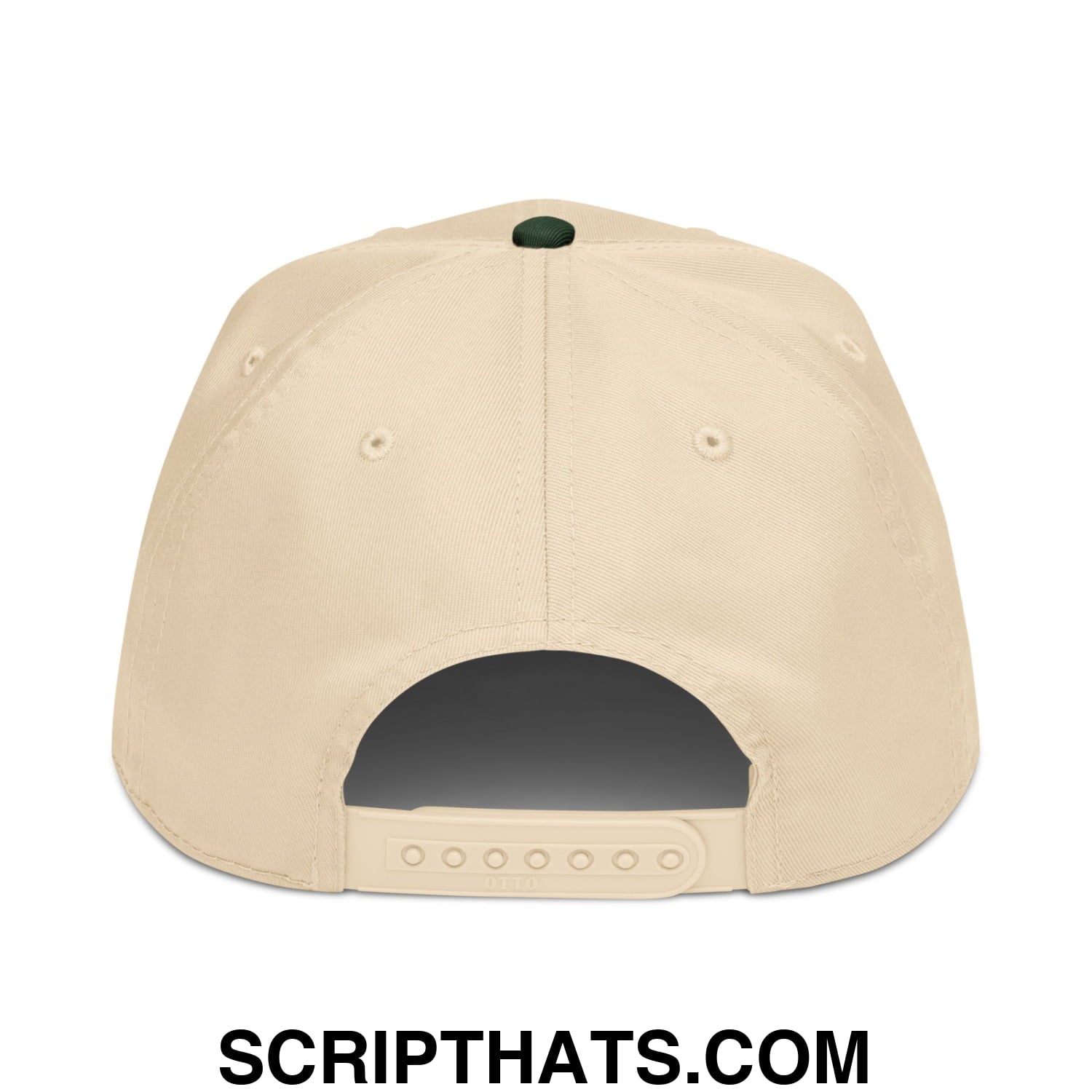 Beige snapback cap with dark green button and adjustable strap featuring upside down mexico embroidery