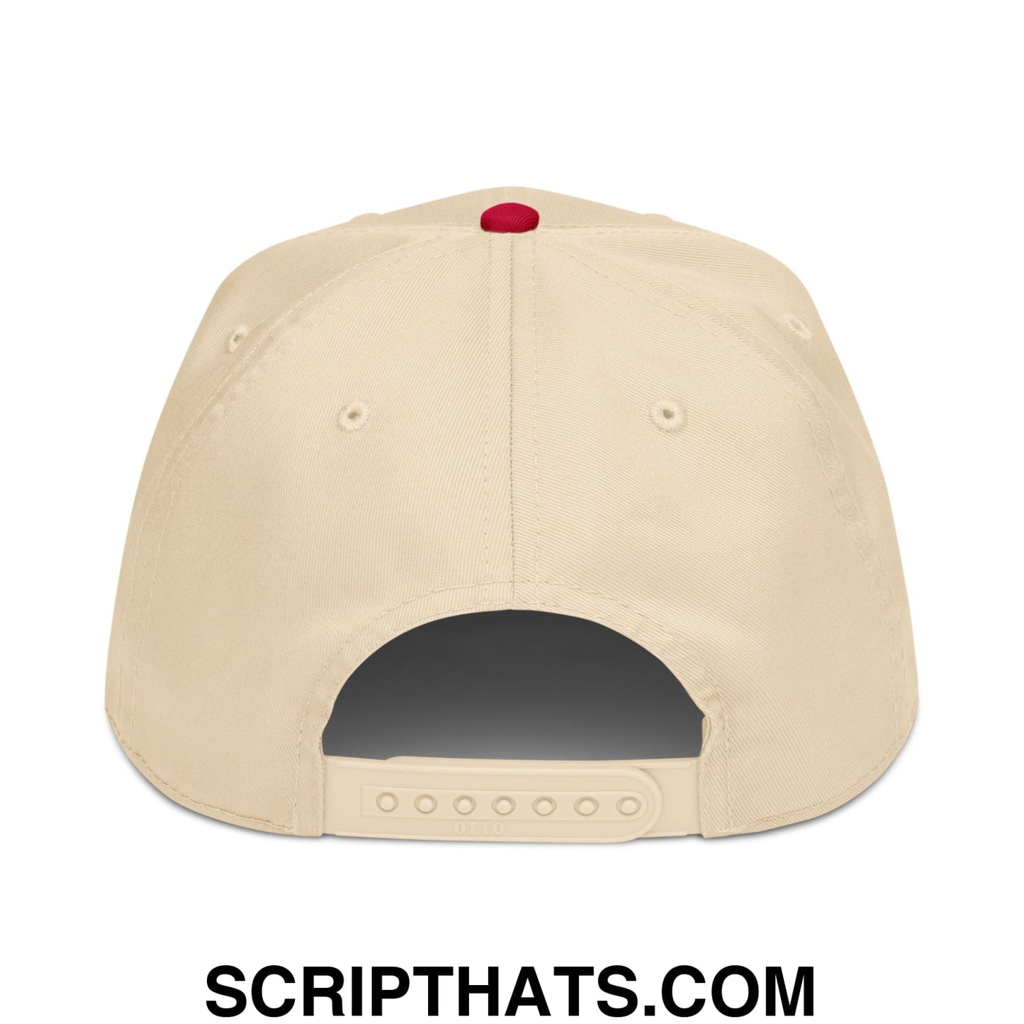 Beige upside down mexico embroidered baseball snapback hat with red button and adjustable strap shown from back
