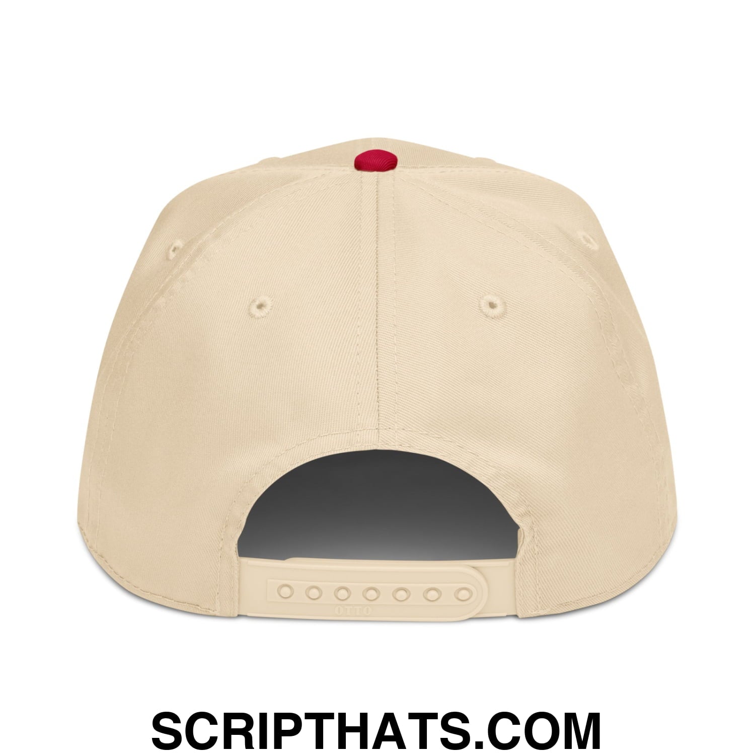 Beige upside down mexico embroidered baseball snapback hat with red button and adjustable strap shown from back