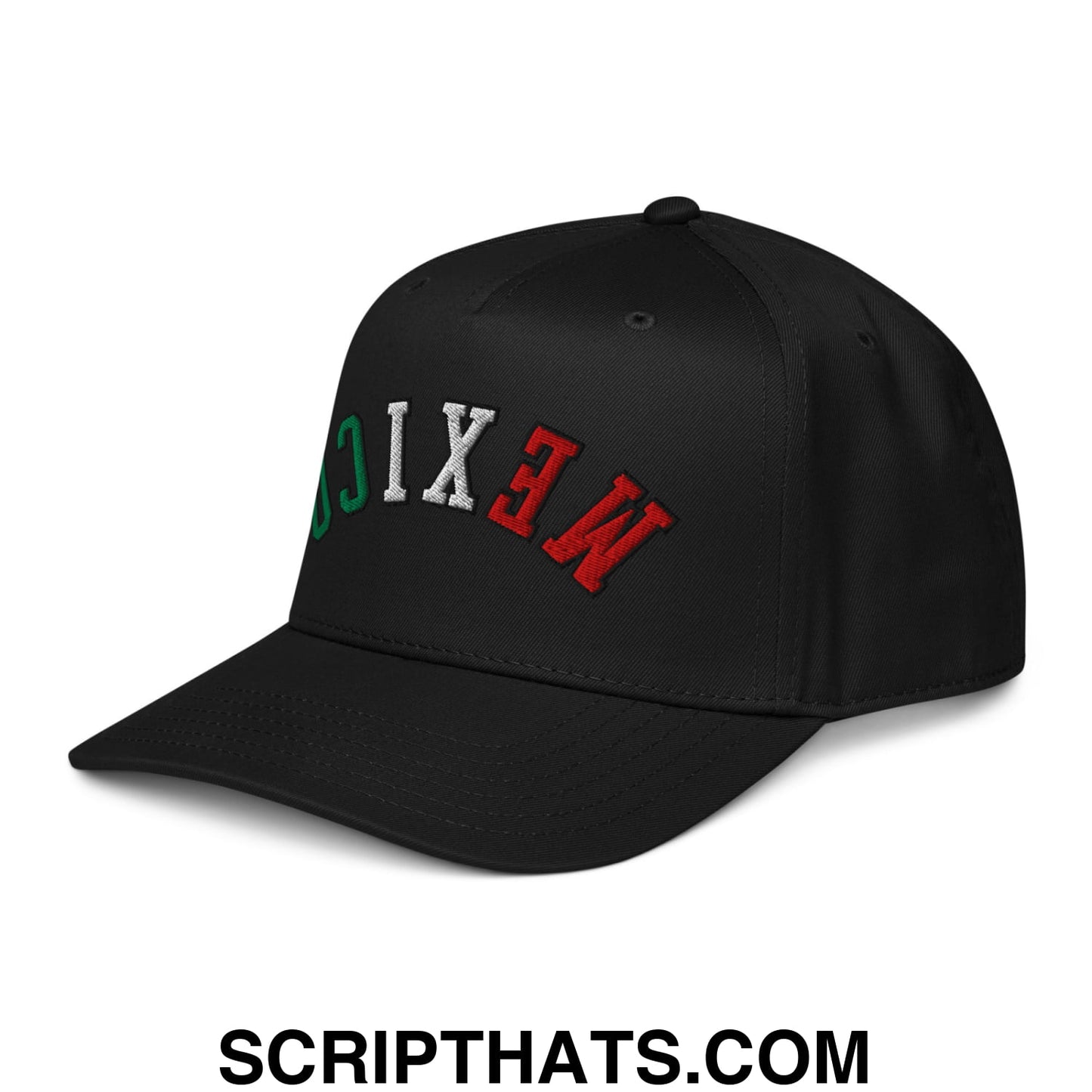 Black snapback baseball hat with mexico embroidered in red white and green on front panel