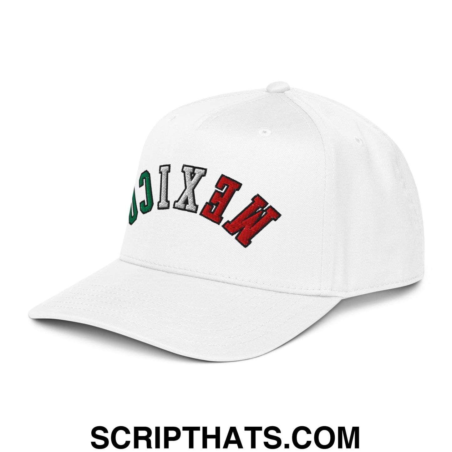 White baseball snapback hat with mexico embroidered in red green and gray on the front for casual wear