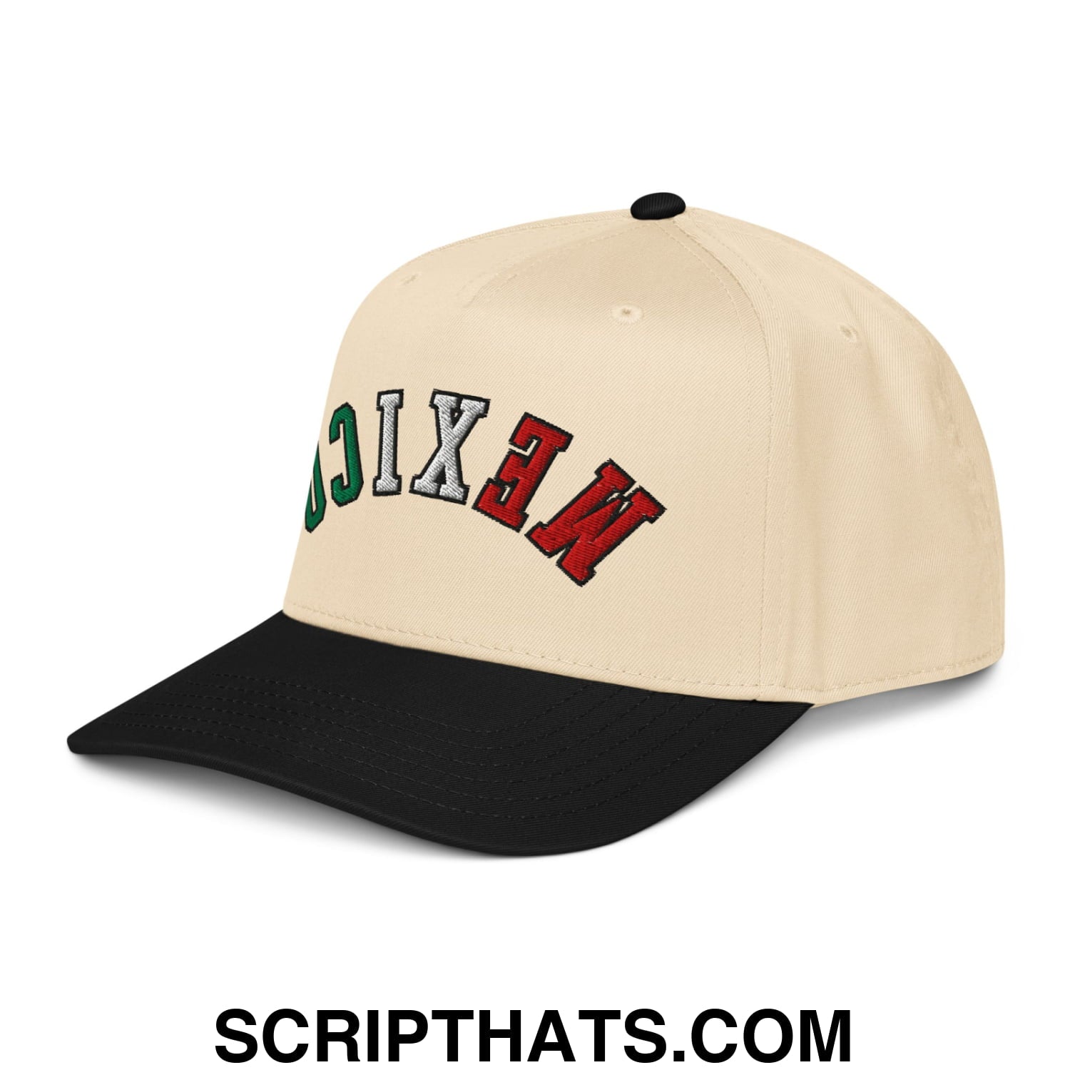 Beige and black baseball snapback hat with mexico embroidered in red white and green lettering on the front