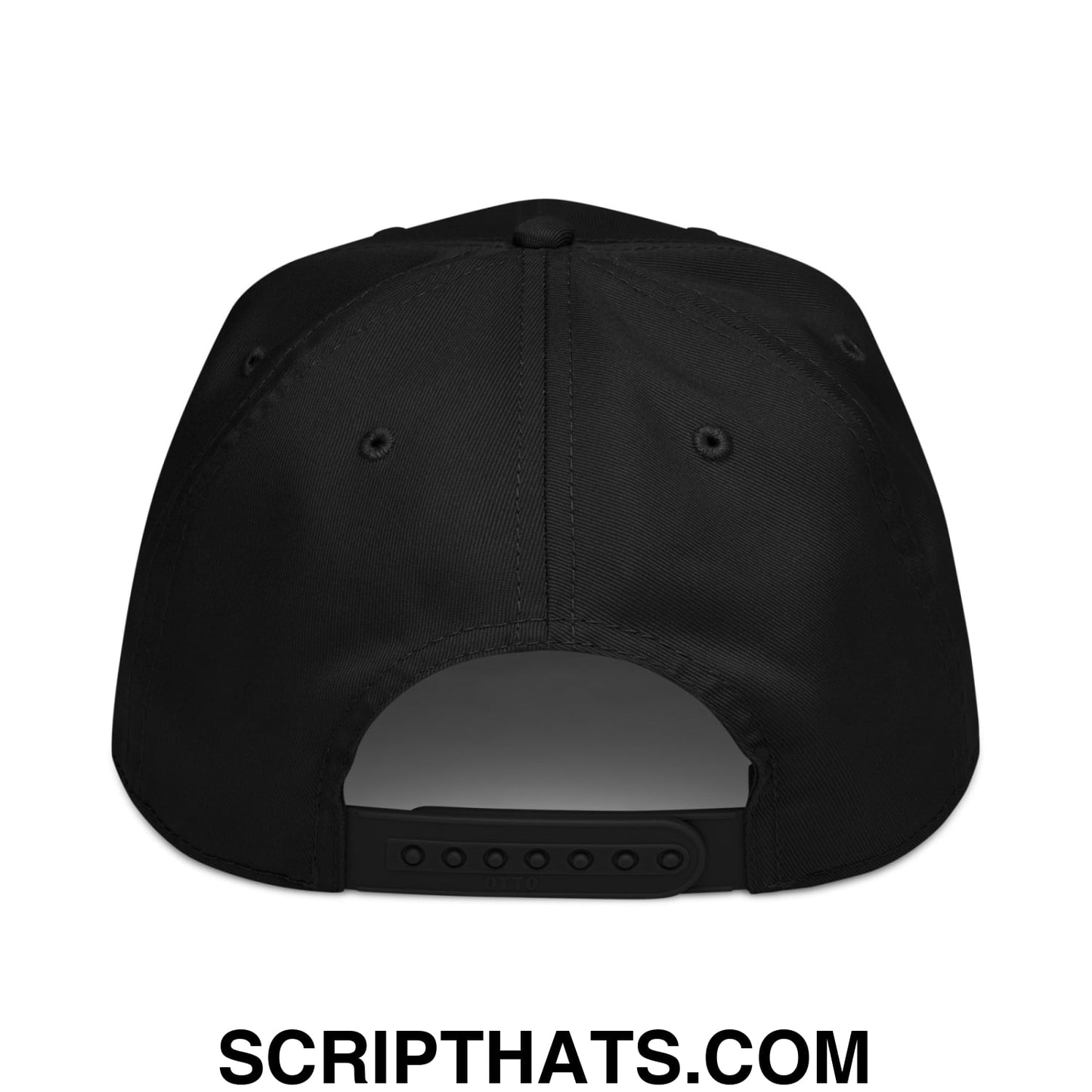 Black snapback baseball cap with structured crown and adjustable strap embroidered with upside down mexico design