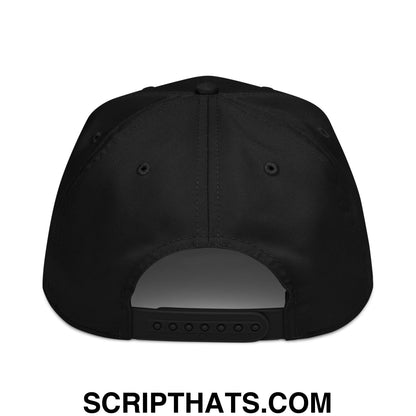 Black snapback baseball cap with structured crown and adjustable strap embroidered with upside down mexico design