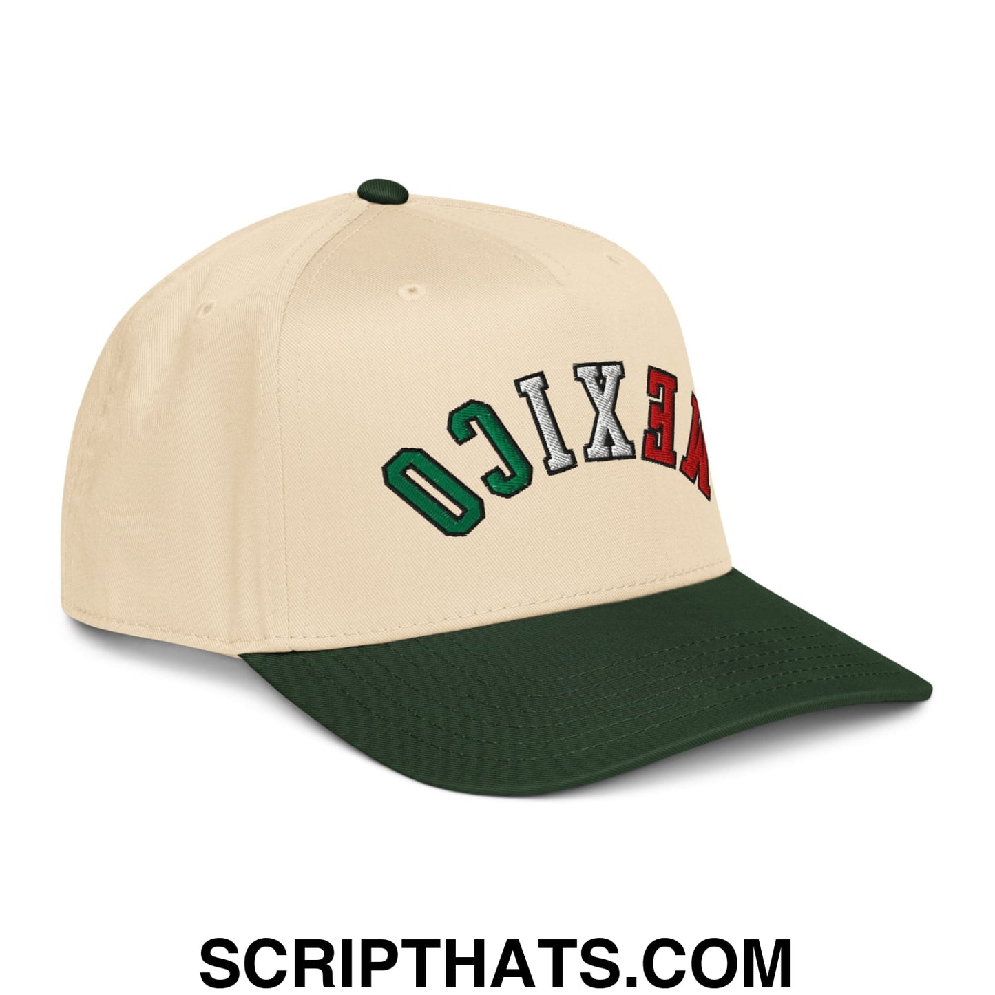 Beige and dark green baseball snapback hat with mexico embroidered in multi-colored lettering on the front