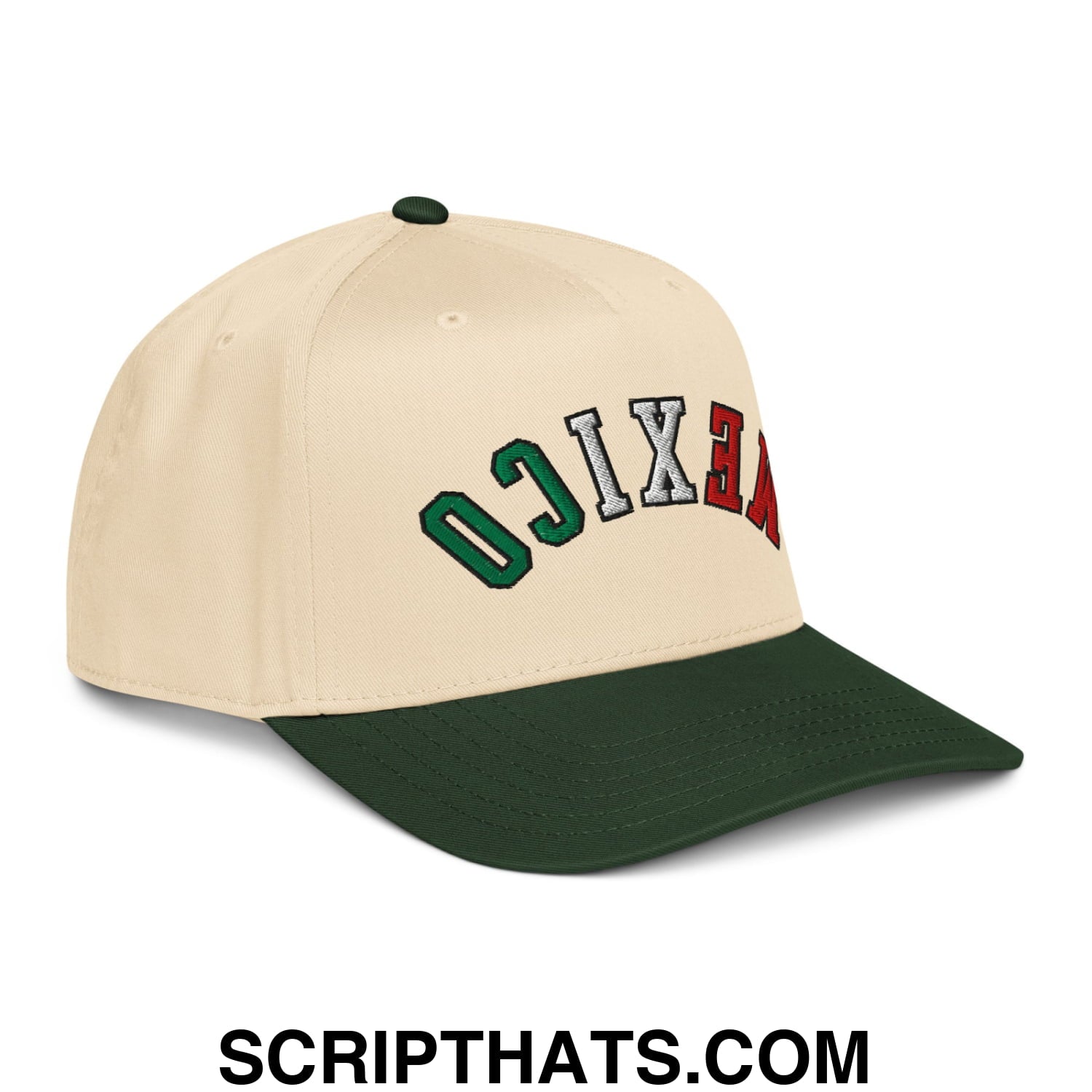 Beige and dark green baseball snapback hat with mexico embroidered in multi-colored lettering on the front