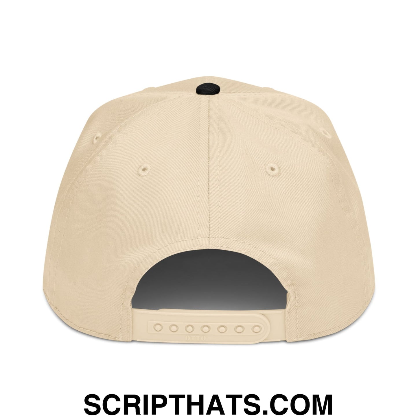 Beige upside down mexico embroidered baseball snapback hat showing black adjustable strap and button on the back