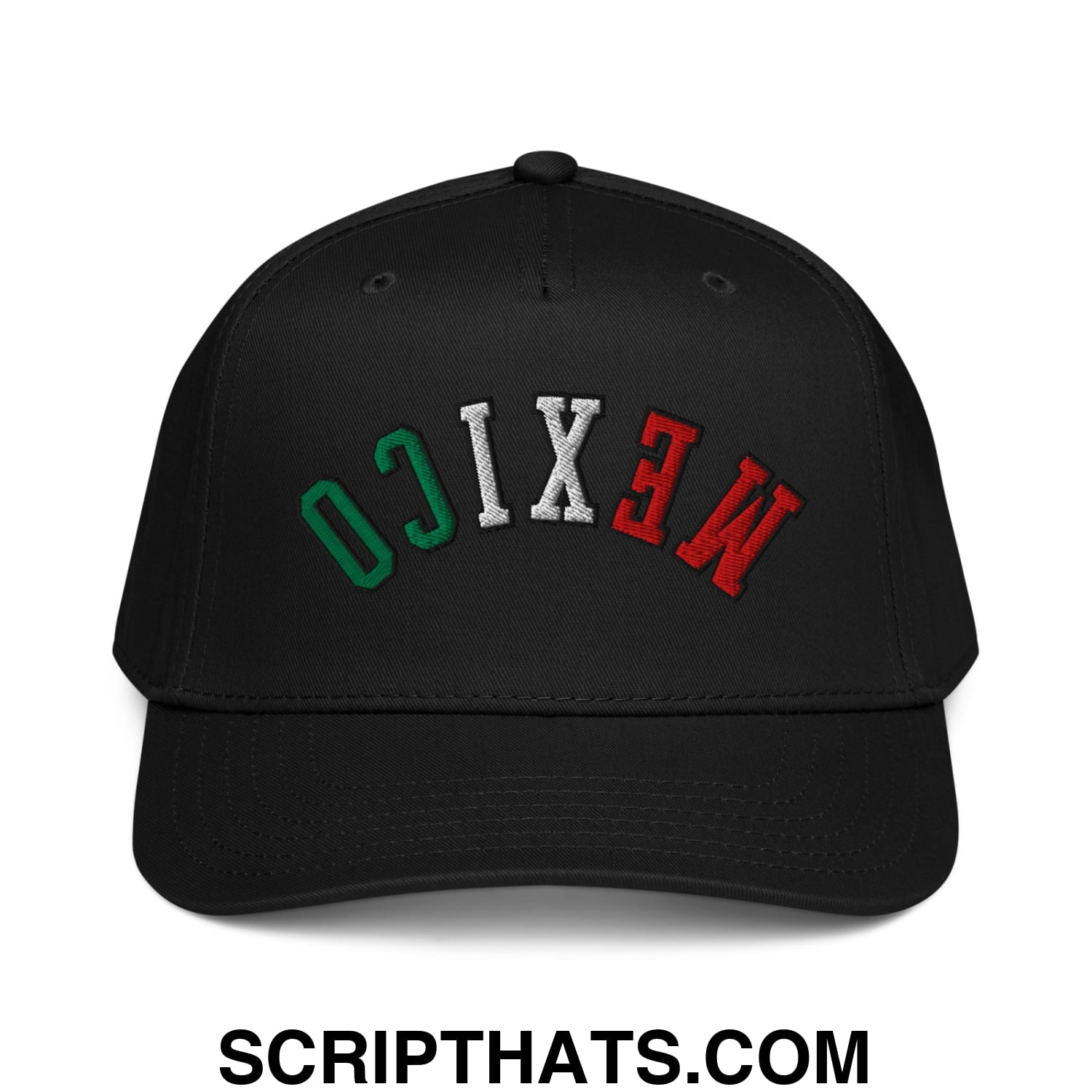 Black baseball snapback hat with mexico embroidered in green white and red arched lettering on the front