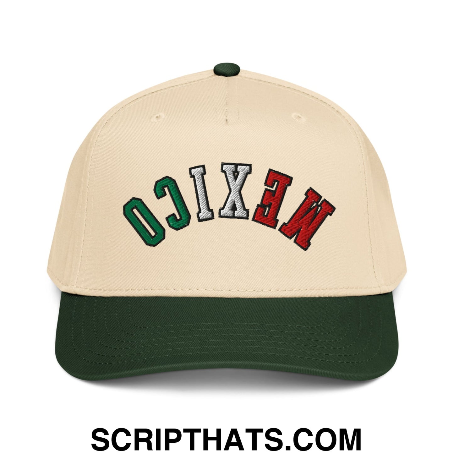 Beige and dark green baseball snapback hat with mexico embroidered in red white and green arched letters