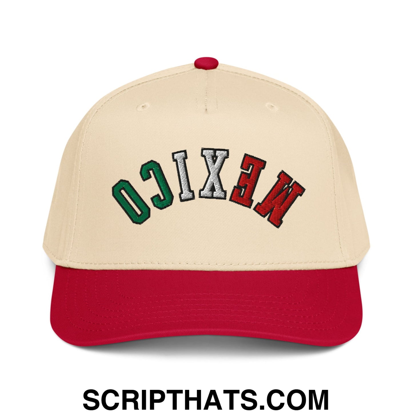 Beige and red baseball snapback hat embroidered with mexico in green white and red letters