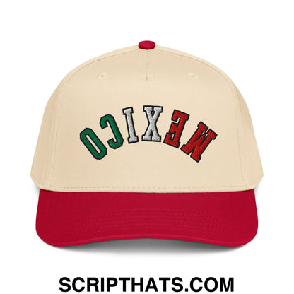 Beige and red baseball snapback hat embroidered with mexico in green white and red letters