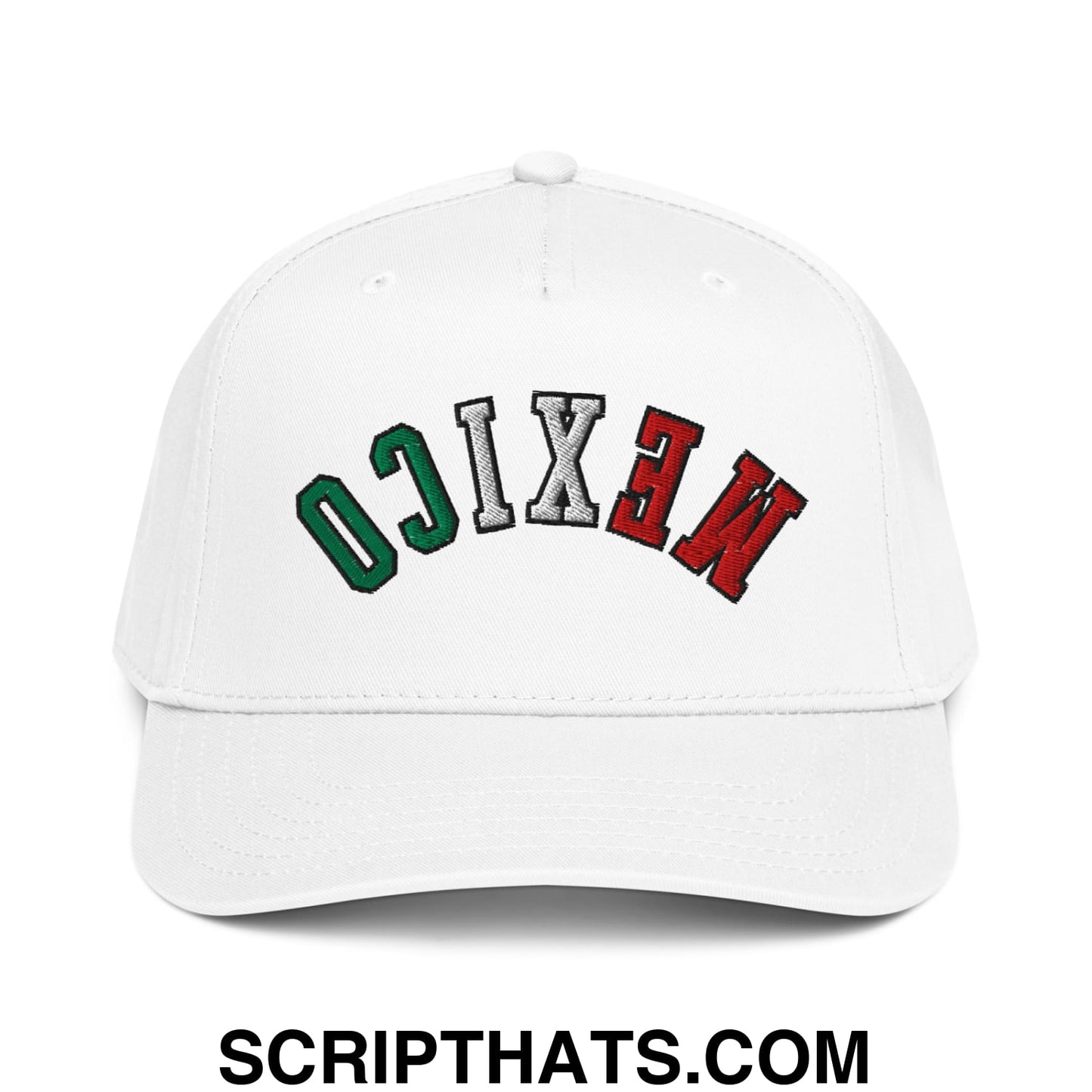 White baseball snapback hat with mexico embroidered upside down in green white and red lettering