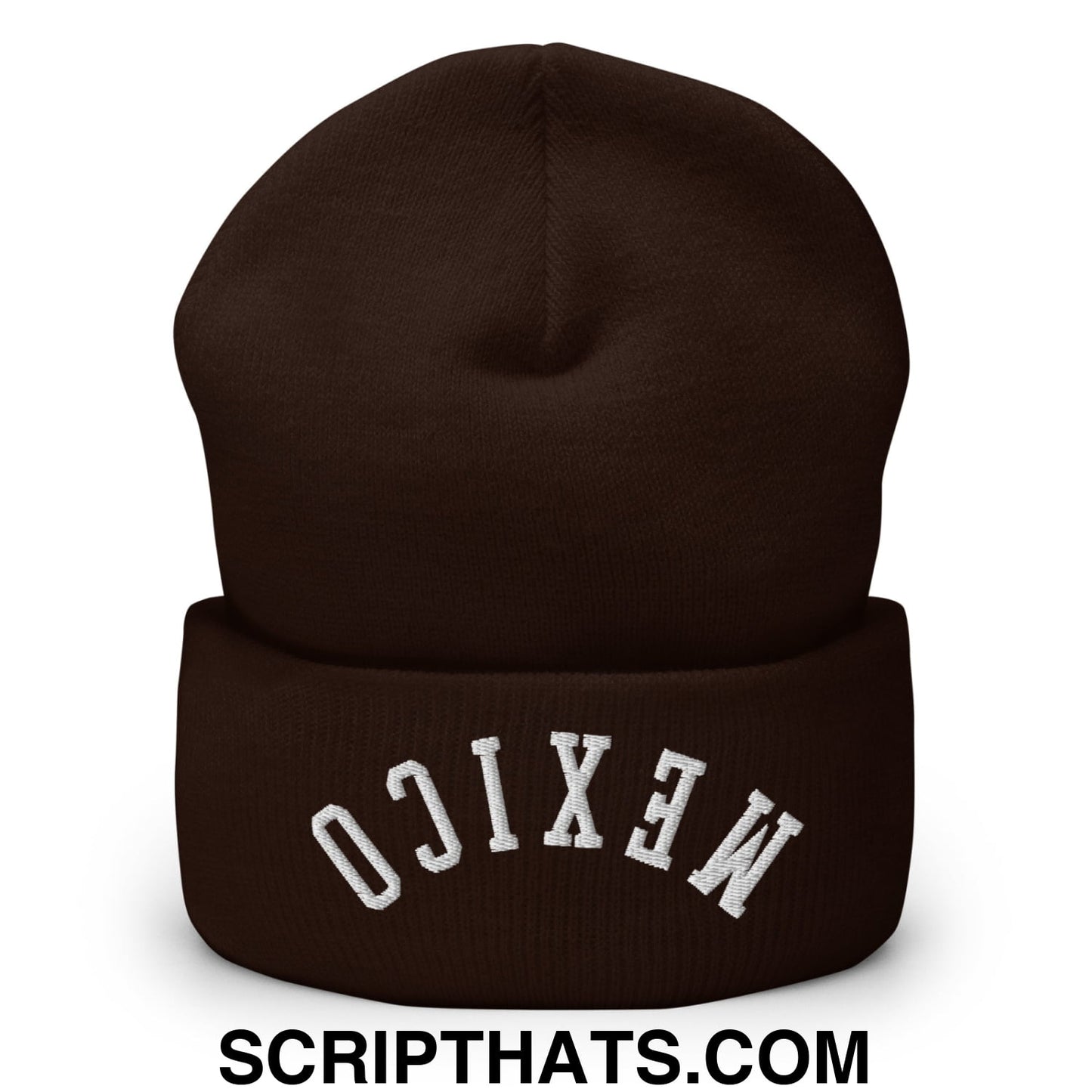 Upside Down Mexico Embroidered Cuffed Knit Beanie Brown