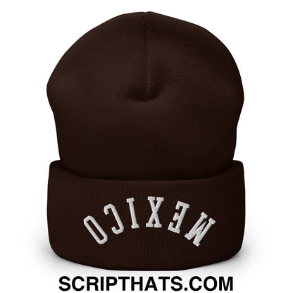 Upside Down Mexico Embroidered Cuffed Knit Beanie Brown