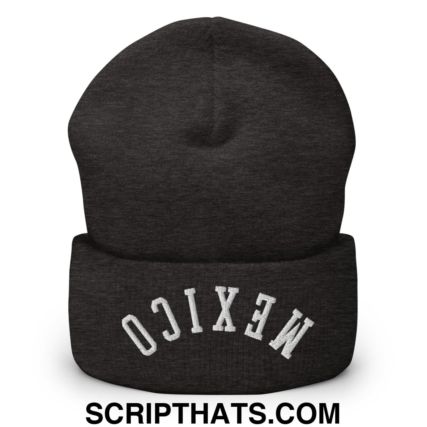 Upside Down Mexico Embroidered Cuffed Knit Beanie Dark Grey