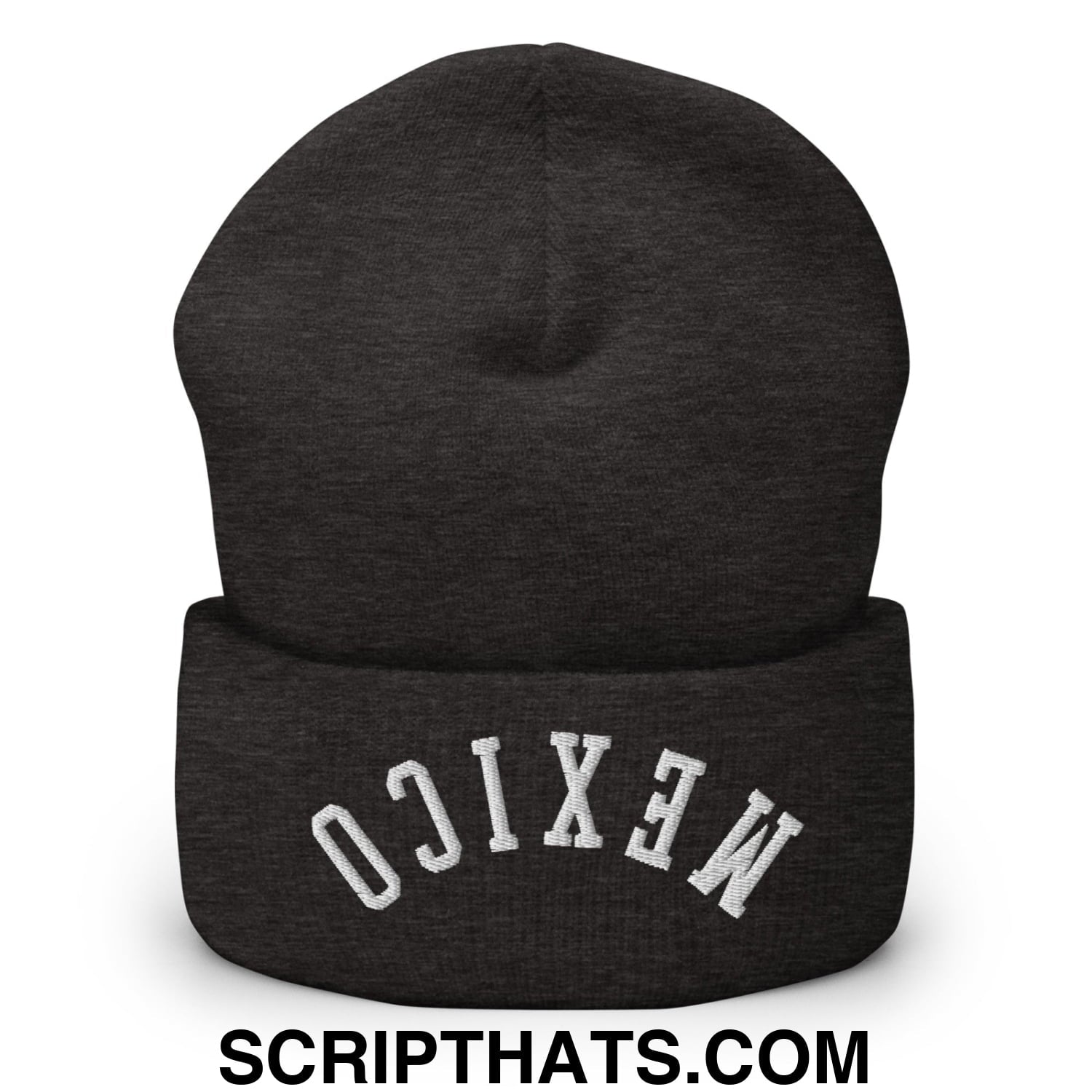 Upside Down Mexico Embroidered Cuffed Knit Beanie Dark Grey
