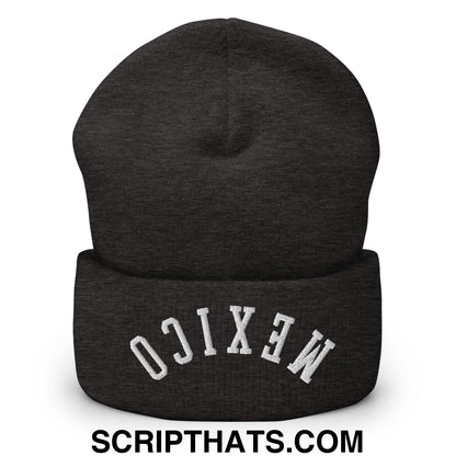 Upside Down Mexico Embroidered Cuffed Knit Beanie Dark Grey