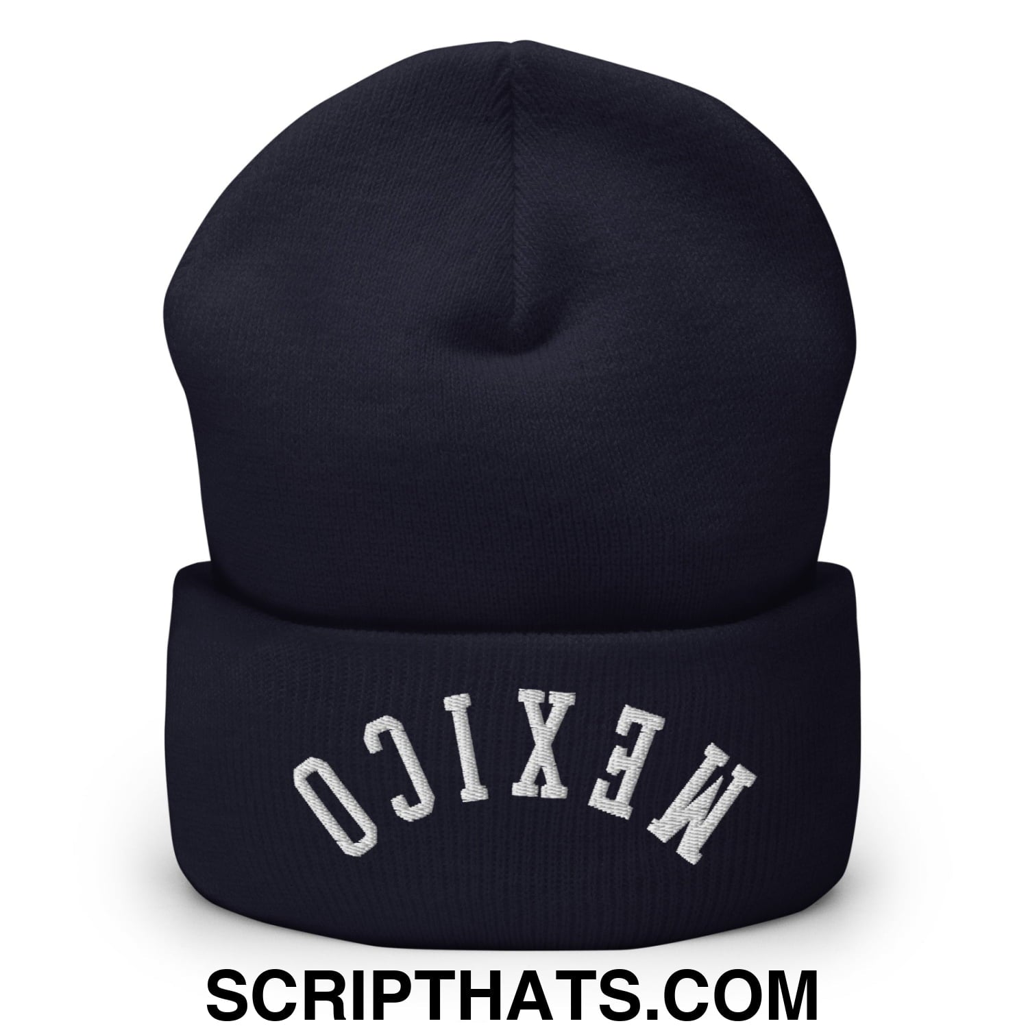 Upside Down Mexico Embroidered Cuffed Knit Beanie Navy