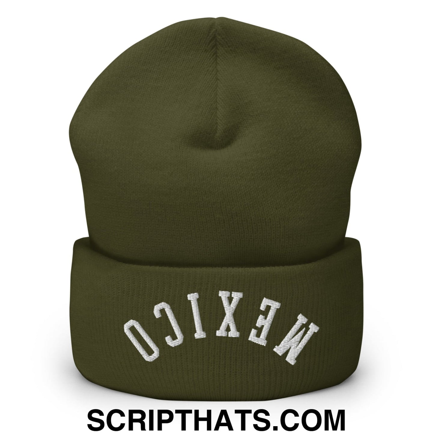 Upside Down Mexico Embroidered Cuffed Knit Beanie Olive